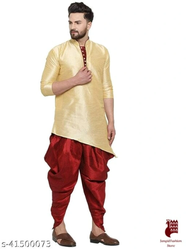 Ethnic Men Kurta Sets - 1, XL, Top Fabric: Silk Blend Bottom Fabric: Silk Blend, CREAM, Stitched, Free